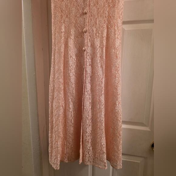 Vtg 80s Blush Pink Full Lace Maxi Dress Button Front Lined Bridal Dawn Joy 12P - Picture 11 of 12
